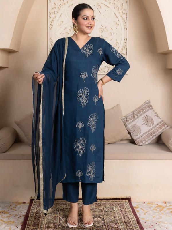 VP 9779 T Teal Yoke Design Silk Blend Straight Suit With Dupatta